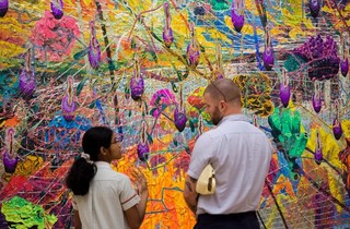 Experiencing the Collection / Thasnai Sethaseree, Thailand b.1968 / It’s unclearly clear, as yet incomplete 2017–21 / Paper collage, Buddhist monk robes, urethane, metal / Three parts: 400 x 800cm (each) / Commissioned for ‘The 10th Asia Pacific Triennial of Contemporary Art’ (APT10). Purchased 2021 with funds from Metamorphic Foundation through the Queensland Art Gallery | Gallery of Modern Art Foundation / Collection: Queensland Art Gallery | Gallery of Modern Art / © Thasnai Sethaseree