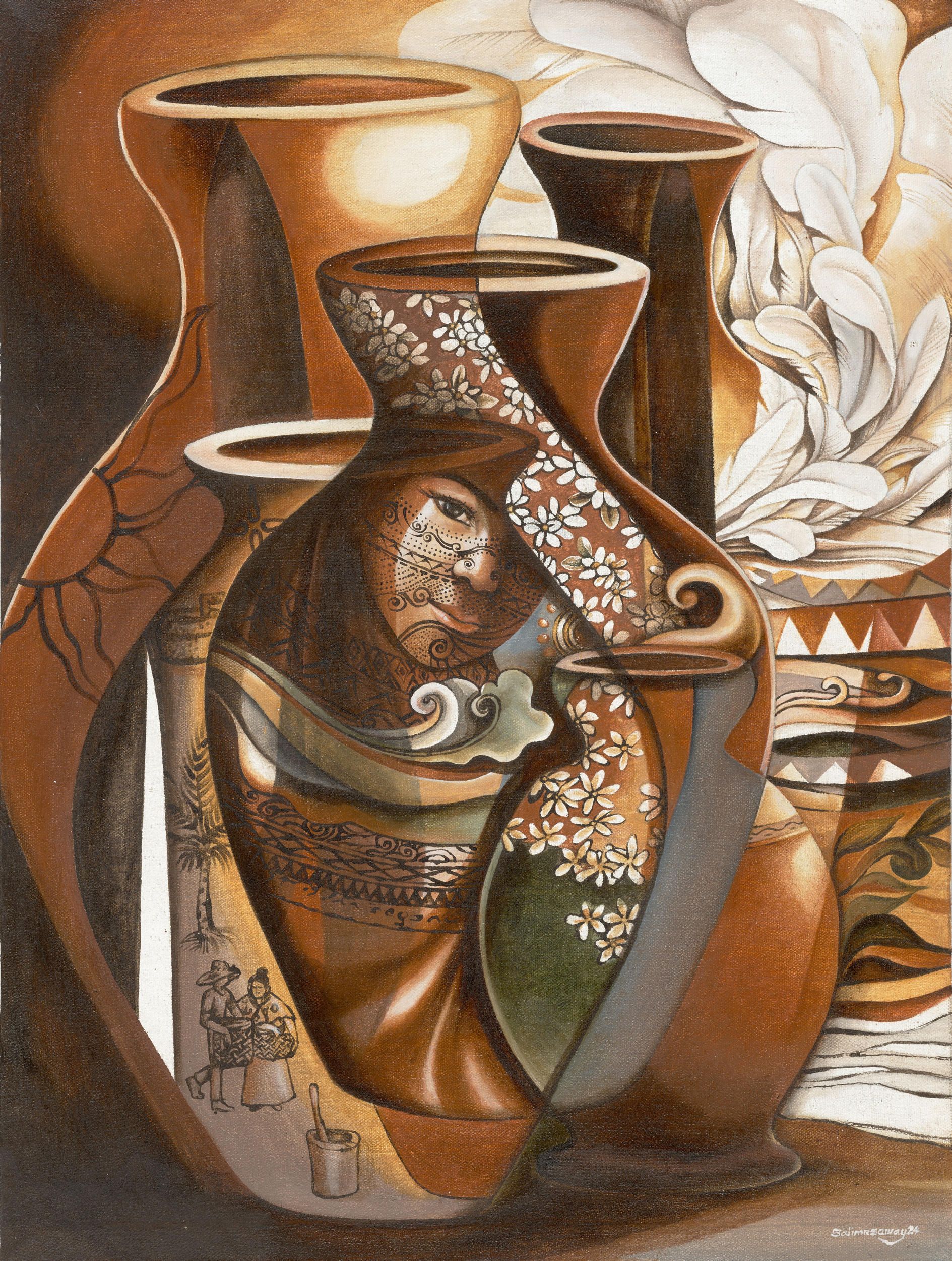 Salima Saway Agra-an / Talaandig people / The Philippines b.1988 / Bungkatol Ha Bulawan (Golden jar), from ‘Cultural Fragility’ series 2024 / Ochre on canvas / Purchased 2024 with funds from the Bequest of Noela Clare Deutscher, in memory of her parents, A Evans Deutscher and Clare Deutscher, through the Queensland Art Gallery | Gallery of Modern Art Foundation / © Salima Saway Agra-an / Photograph: N Umek, QAGOMA