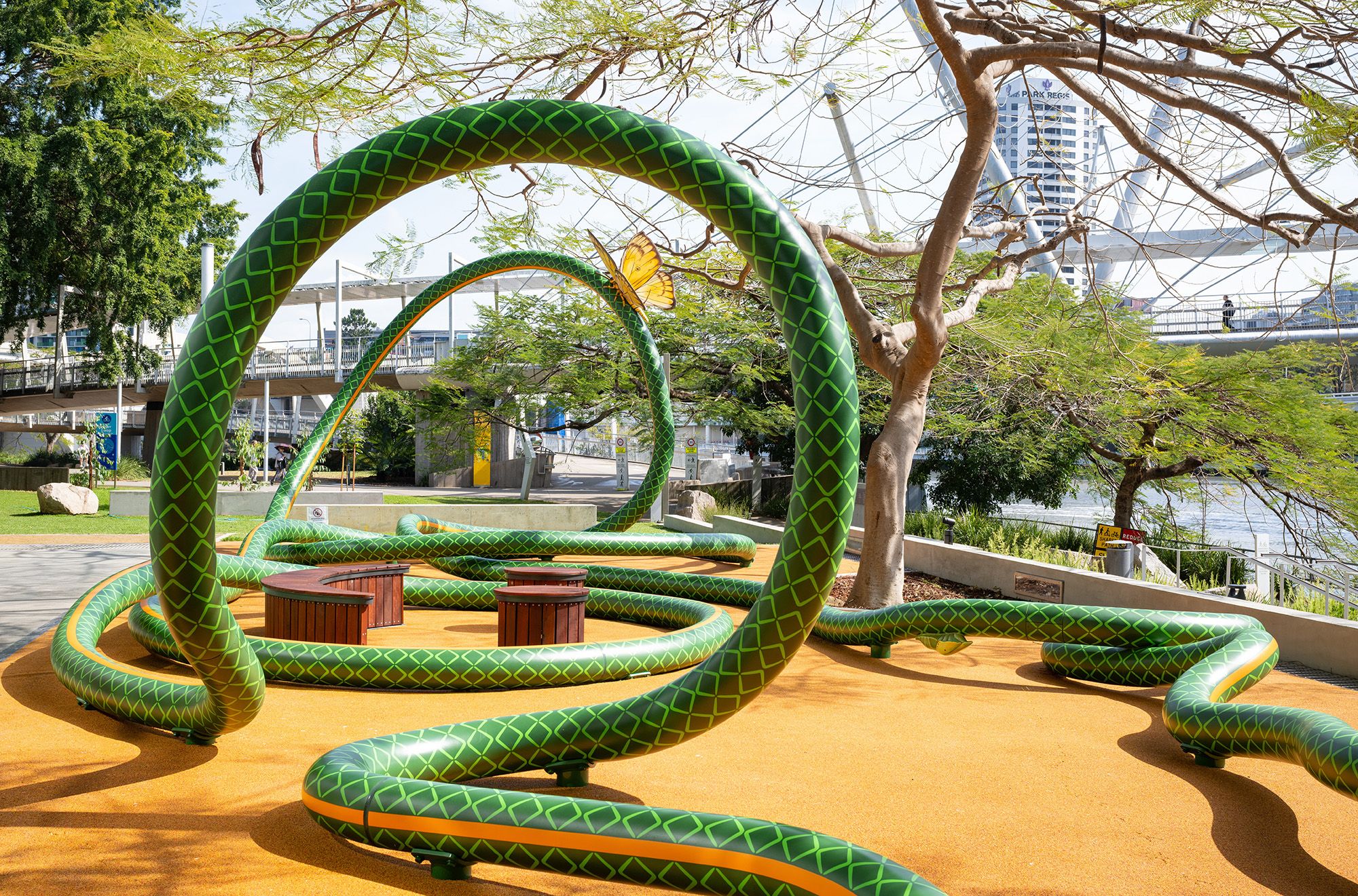 Tony Albert, Girramay/Yidinyji/Kuku Yalanji peoples, Australia b.1981 / Nell, Australia b.1975 / The Big Hose (detail) 2022–25 / Aluminium, reclaimed hardwood, paint, rubber / Commissioned 2022. This project has been realised with generous support from Andrew and Dr Susan King, the Neilson Foundation, Margaret Mittelheuser AM and Cathryn Mittelheuser AM, Gina Fairfax AC, Dr Shirley Hsieh, and the 2022 QAGOMA Foundation Appeal / Collection: Queensland Art Gallery | Gallery of Modern Art / © Tony Albert and Nell / Photograph: N Umek © QAGOMA