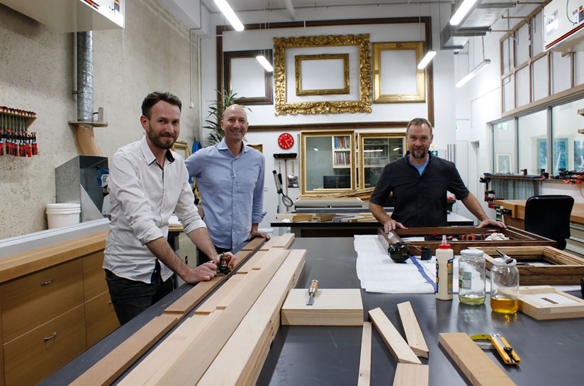 The Conservation
Frames and
Furniture Studio
team at QAGOMA,, left to right, Alex
Forrest, Robert Zilli
and Damian Buckley / Photography: Raf Nathan