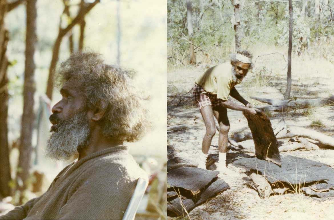 Dick Roughsey sitting beside the tent in Percy’s camp, Cape York 1971 / Dick Roughsey stacking up newly cut bark for paintings, 1971 / Photographs: Jennifer Isaacs