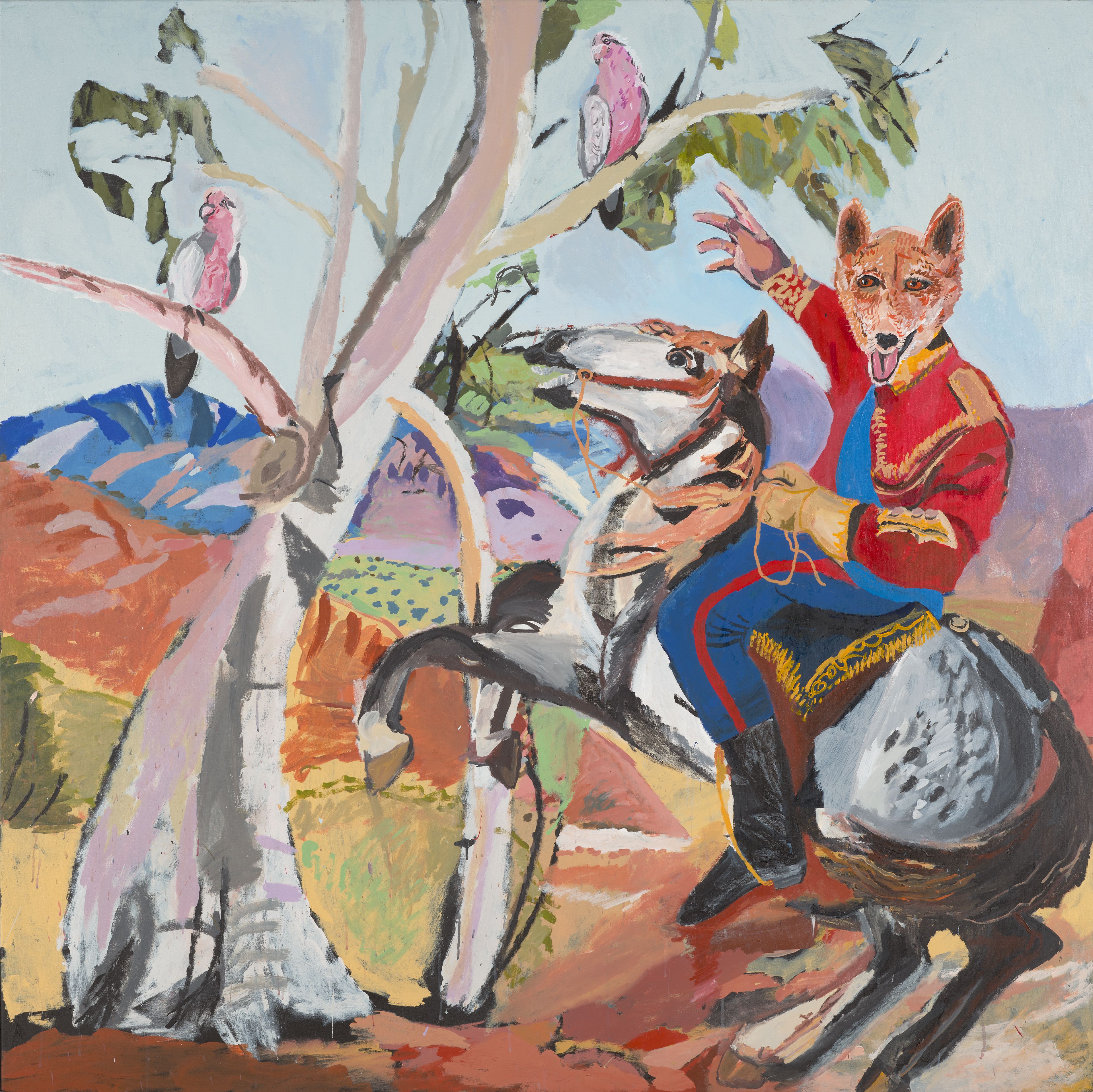 Vincent Namatjira, Western Aranda people, Australia b.1983 / Dingo Cavalerie 2025 / Synthetic polymer paint on linen / 198 x 198cm / Proposed for the Queensland Art Gallery | Gallery of Modern Art Collection / Courtesy: The artist and Iwantja Arts / © Vincent Namatjira/Copyright Agency