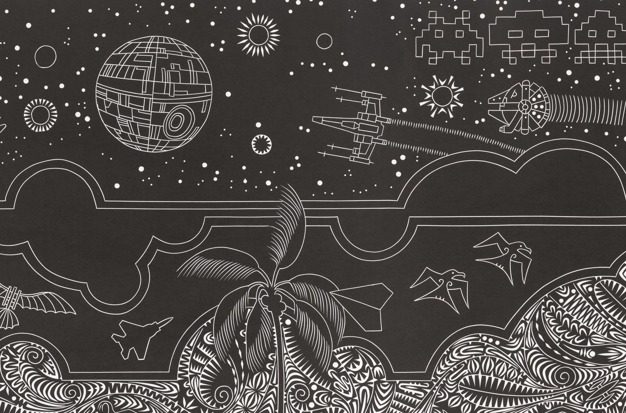 Brian Robinson, Maluyligal, Wuthathi and Dayak people, Australia b.1973 / Lagalgal: The Mysteries of our Land (detail) 2022 / Vinyl-cut on Hahnemule Hellweiss 350gsm alpha-cotton paper printed in black ink from one block / 100 x 200cm / Gift of the artist through the QAGOMA Foundation 2024. Donated through the Australian Government's Cultural Gifts Program / Collection: Queensland Art Gallery | Gallery of Modern Art / © Brian Robinson
