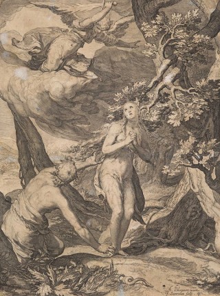 Jan Saenredam, The Netherlands c.1565-1607 after Abraham Bloemaert, The Netherlands 1564-1651 / The Expulsion from Eden (plate 4 from a series of six known as ‘The History of the First Parents of Man’) 1604 / Engraving on paper / 26 x 19.5cm / Gift of Dr Morris Low through the Queensland Art Gallery | Gallery of Modern Art Foundation 2016. Donated through the Australian Government’s Cultural Gifts Program / Collection: Queensland Art Gallery | Gallery of Modern Art