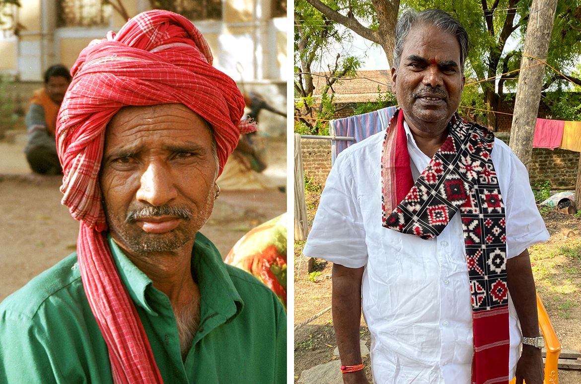 Telia rumal textiles are worn in various ways (Left to right) A Hyderabad man wears a simple turban made with three lengths of rumal, 1999; master weaver Gajam Govardhan wears a shoulder cloth of two lengths, Puttapaka, 1999 / Photographs: Dana McCown