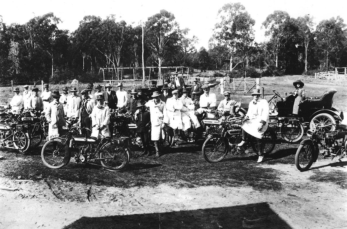 Queensland Motor Cycle Club outings at North Quay, Brisbane and an unknown location c.1910-1913 / Images courtesy: The Queensland Historical Motorcycle Club (Alf Pearson manuscript)