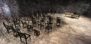 Chiharu Shiota, Japan b.1972 / In Silence 2002/2019 / Installation view: ‘Shiota Chiharu: The Soul Trembles’, Mori Art Museum, Tokyo, 2019 / Burnt piano, burnt chair, Alcantara black thread / © Chiharu Shiota / Production support: Alcantara S.p.A / Courtesy: Kenji Taki Gallery, Nagoya/Tokyo / Photo: Sunhi Mang / Photo courtesy: Mori Art Museum, Tokyo.