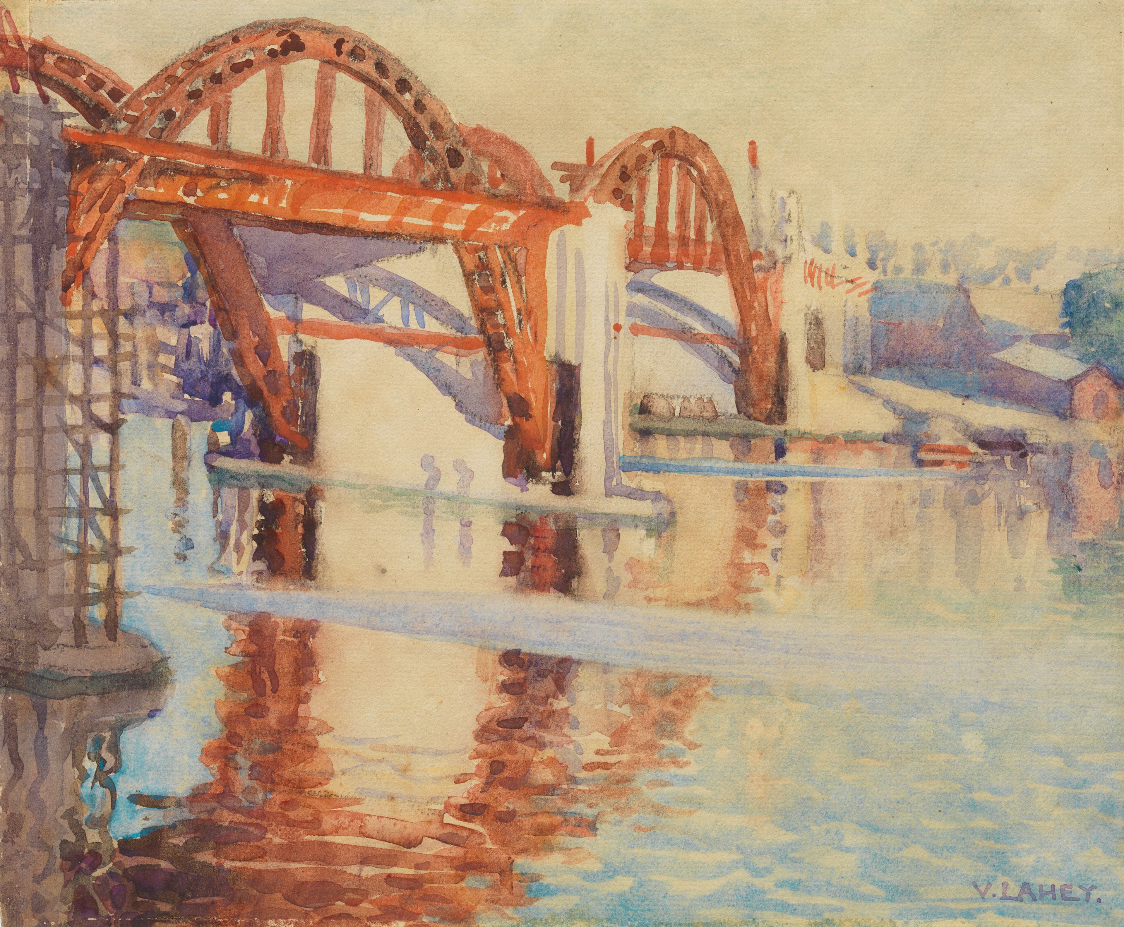 Vida Lahey, Australia 1882-1968 / Building the bridge 1931 / Watercolour and gouache over pencil on wove paper on cardboard / 25.3 x 30.3cm / Gift from the estate of Mrs Gladys Powell 1941 / Collection: Queensland Art Gallery | Gallery of Modern Art / © QAGOMA