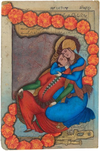 Amin Taasha, Afghanistan/Indonesia b.1995 / Hafiz in diaspora 2021 / Watercolour, gouache and gold leaf on Hafiz poetry sheet / 23.5 x 15.3cm (approx.) / Purchased 2022 with funds from an anonymous donor through the QAGOMA Foundation / Collection: Queensland Art Gallery | Gallery of Modern Art / © Amin Taasha