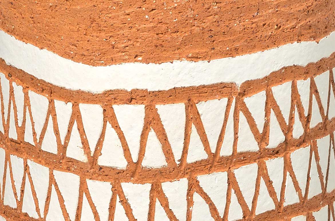 Naomi Hobson, Kaantju/Umpila people, Australia b.1978 / Malkarti Poles (Dancing Poles) 2017 / Hand-built terracotta clay with incised white slip / 65.5 x 10cm (each) / Purchased 2017 with funds from Jane and Michael Tynan through the Queensland Art Gallery | Gallery of Modern Art Foundation / Collection: Queensland Art Gallery | Gallery of Modern Art / © Naomi Hobson