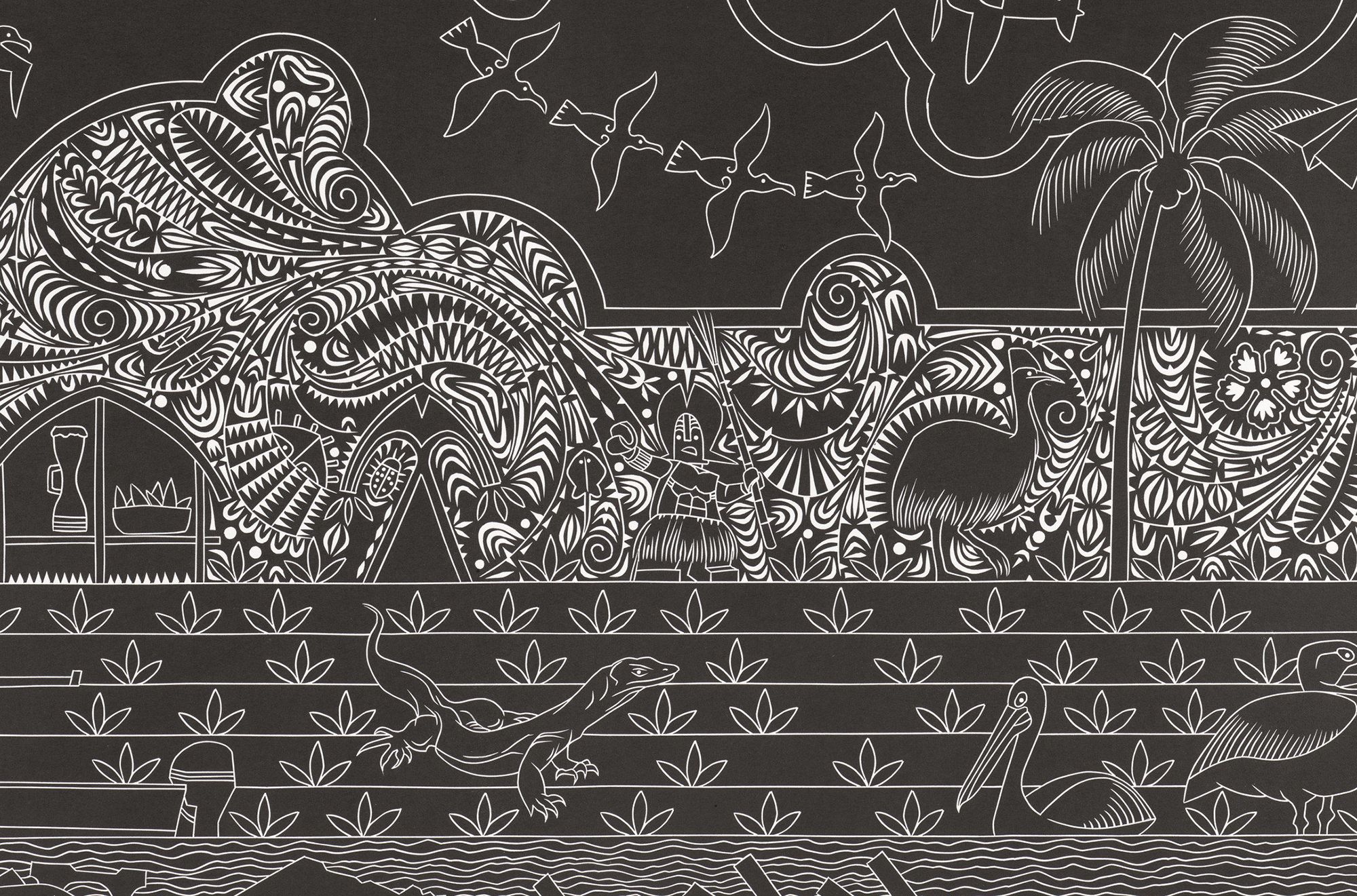 Brian Robinson, Maluyligal, Wuthathi and Dayak people, Australia b.1973 / Lagalgal: The Mysteries of our Land (detail) 2022 / Vinyl-cut on Hahnemule Hellweiss 350gsm alpha-cotton paper printed in black ink from one block / 100 x 200cm / Gift of the artist through the QAGOMA Foundation 2024. Donated through the Australian Government's Cultural Gifts Program / Collection: Queensland Art Gallery | Gallery of Modern Art / © Brian Robinson