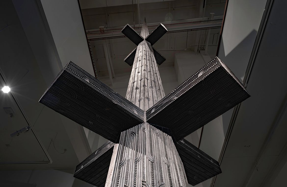 Brett Graham, Ngāti Koroki Kahukura, Tainui, New Zealand b.1967 / Installation view Cease Tide of Wrongdoing 2020 from Tai Moana Tai Tangata, Govett Brewster Art Gallery, Len Lye Centre, Ngāmotu, Aotearoa, 2021 / © Brett Graham / Photograph: Neil Pardington