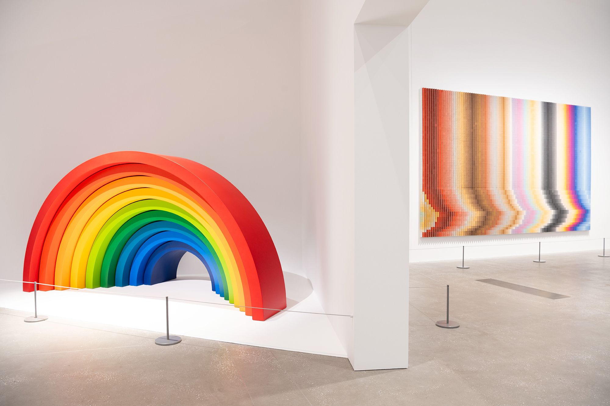 Emily Floyd’s Steiner rainbow 2006, installed in ‘Wonderstruck’, GOMA 2025 accompanied by Syagini Ratna Wulan’s Parhelion 2021 / Photograph: N Umeck © QAGOMA