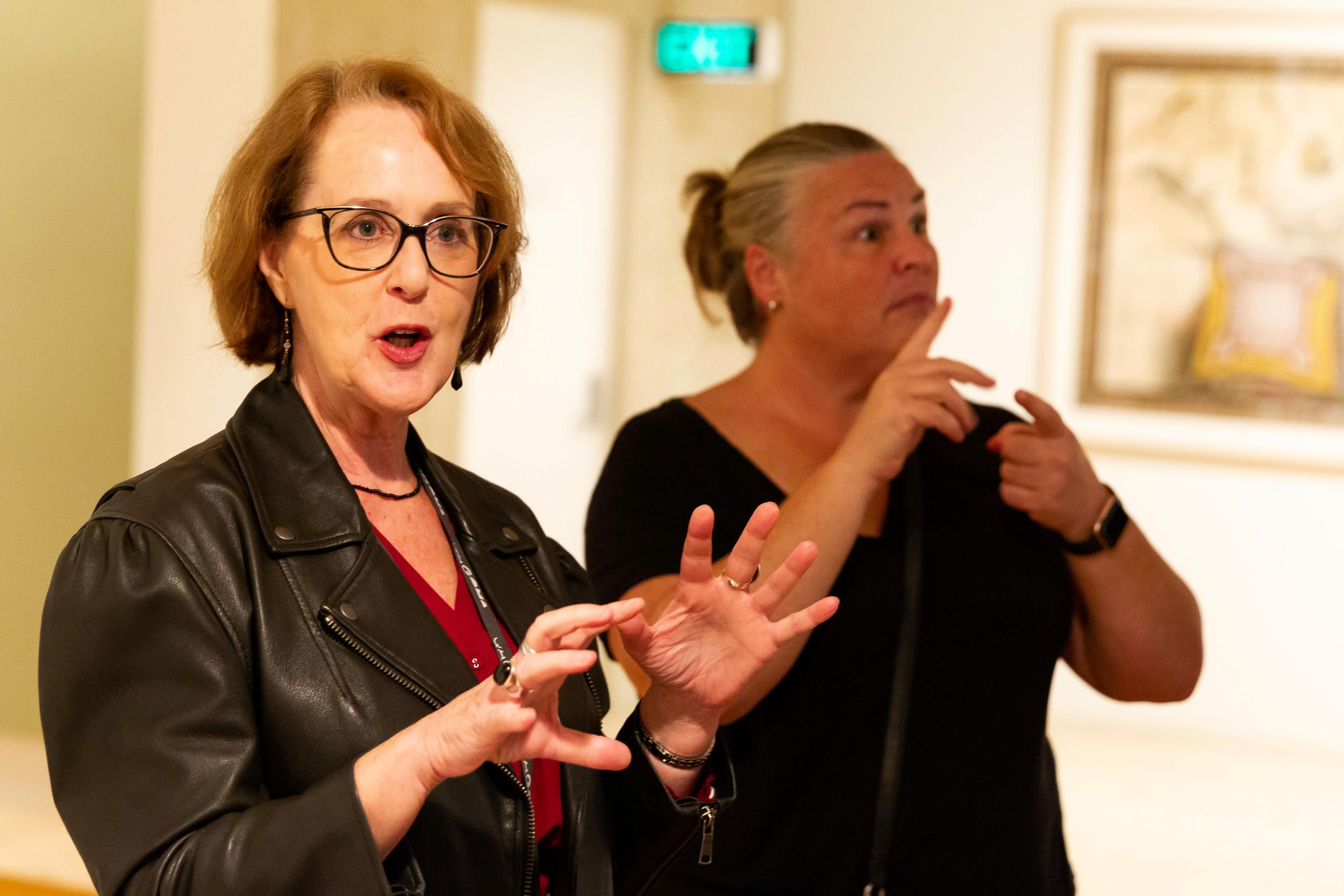 An Auslan interpreter accompanies a guide on a tour d/Deaf visitors at the Queensland Art Gallery. Photograph: B. Wagner