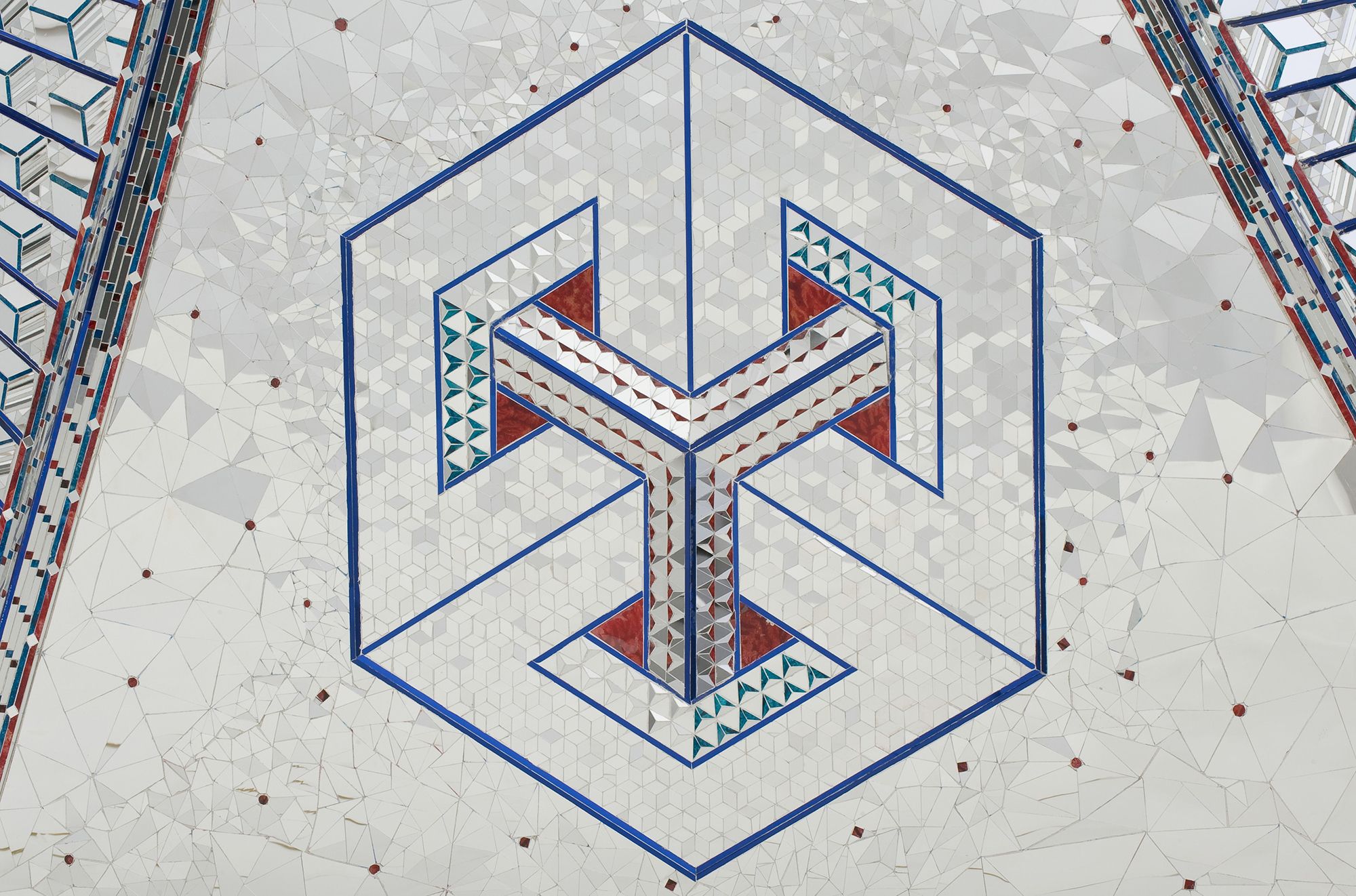 Monir Shahroudy Farmanfarmaian, Iran 1924-2019 / Lightning for Neda (detail) 2009 / Mirror mosaic, reverse-glass painting, plaster on wood / Six panels: 300 x 200 x 25cm (each); 300 x 1200 x 25cm (overall) / The artist dedicates this work to the loving memory of her late husband Dr Abolbashar Farmanfarmaian. Purchased 2009. QAG Foundation / Collection: Queensland Art Gallery | Gallery of Modern Art / © Monir Shahroudy Farmanfarmaian Estate