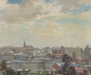 Vera Leichney, Australia 1886–1951 / Brisbane skyline c.1944 / Oil on board / 29.1 x 34cm / Purchased 2024 with funds from Constantine Carides and Elene Carides in memory of their parents Kiryacos and Mary Carides through the QAGOMA Foundation / Collection: Queensland Art Gallery | Gallery of Modern Art