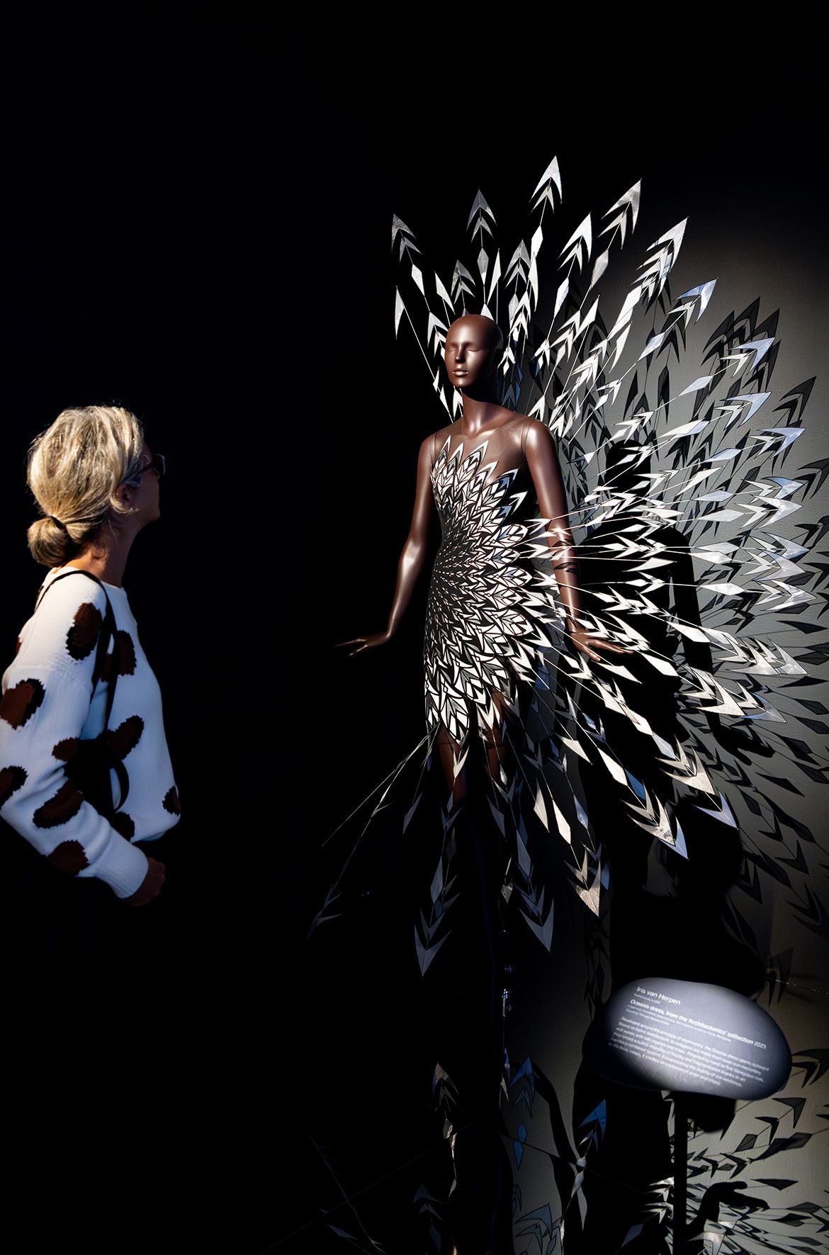 Iris van Herpen, Netherlands b.1984 / Oceanix dress, from the ‘Architectonics’ collection 2023 installed in ‘Iris van Herpen: Sculpting the Senses’, GOMA 2024 / Laser-cut microfibre, polyurethane, silk organza, crepe de Chine, fibreglass / © Iris van Herpen atelier / Photograph: C Callistemon © QAGOMA