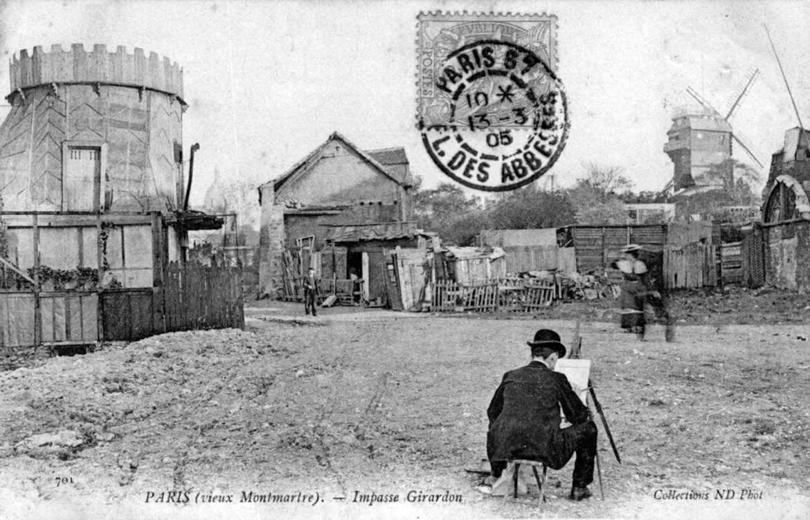 Montmartre, Impasse Girardon, Paris featuring a painter working en plein air. The postcard is postmarked 