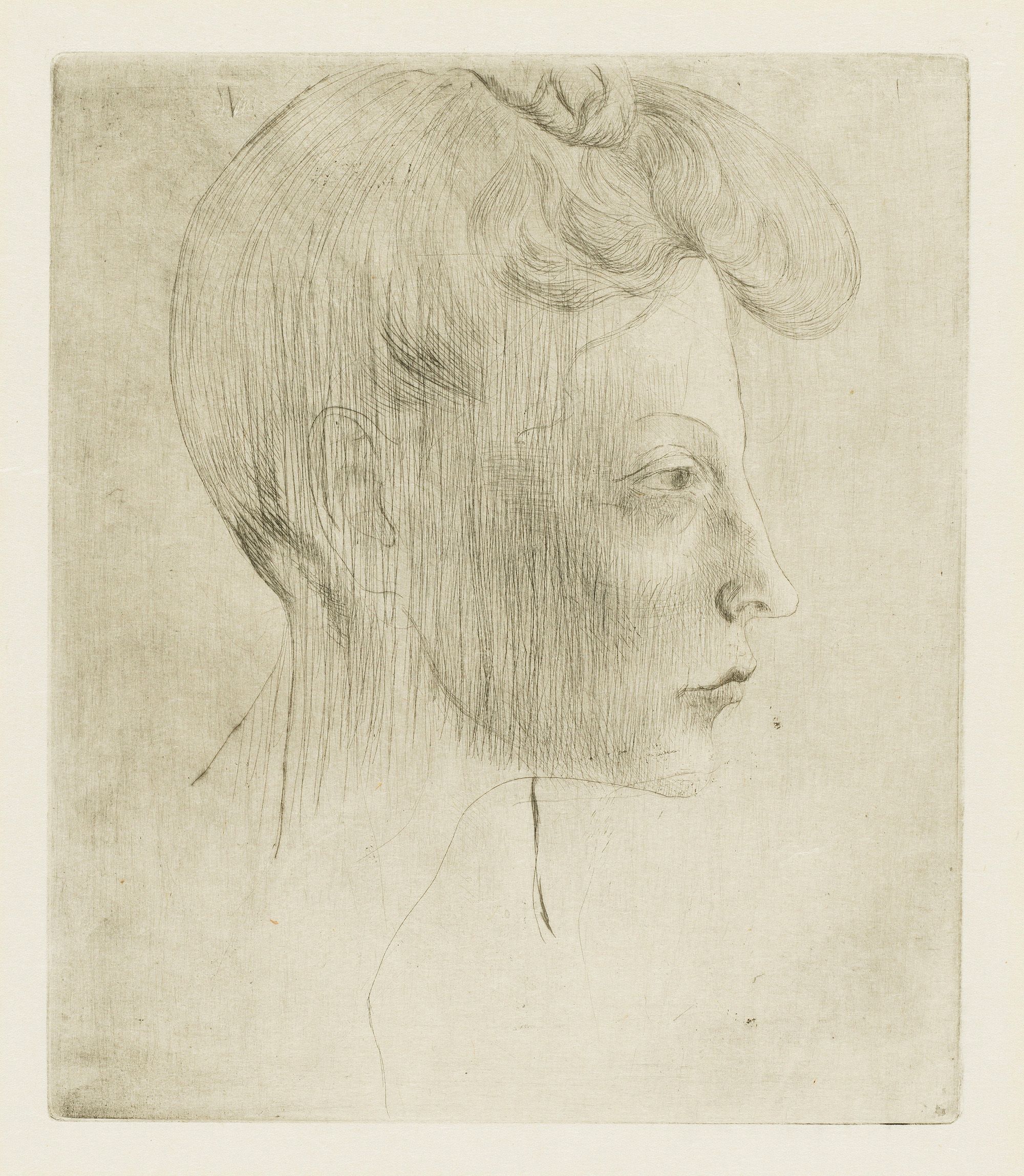 Pablo Picasso, Spain 1881–1973 / Tête de Femme de Profil (Head of a woman in profile) (from 'La Suite des Saltimbanques' series) 1905, printed 1913 / Drypoint on Japon laid paper / 55.4 x 40.1cm / Purchased 2015 with funds raised through the 2013 QAGOMA Foundation Appeal / Collection: Queensland Art Gallery | Gallery of Modern Art / © Succession Picasso/Copyright Agency