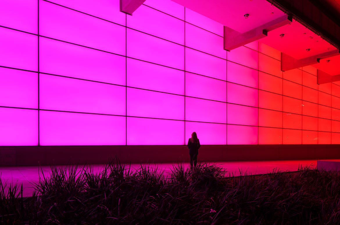 James Turrell, United States b.1943 / Night Life 2018 / Architectural light installation / Commissioned 2017 to mark the 10th anniversary of the opening of the Gallery of Modern Art. This project has been realised with generous support from the Queensland Government; Paul, Sue and Kate Taylor; the Neilson Foundation; and the QAGOMA Foundation Appeal / Collection: Queensland Art Gallery | Gallery of Modern Art / © James Turrell / Photograph: Florian Holzherr © QAGOMA