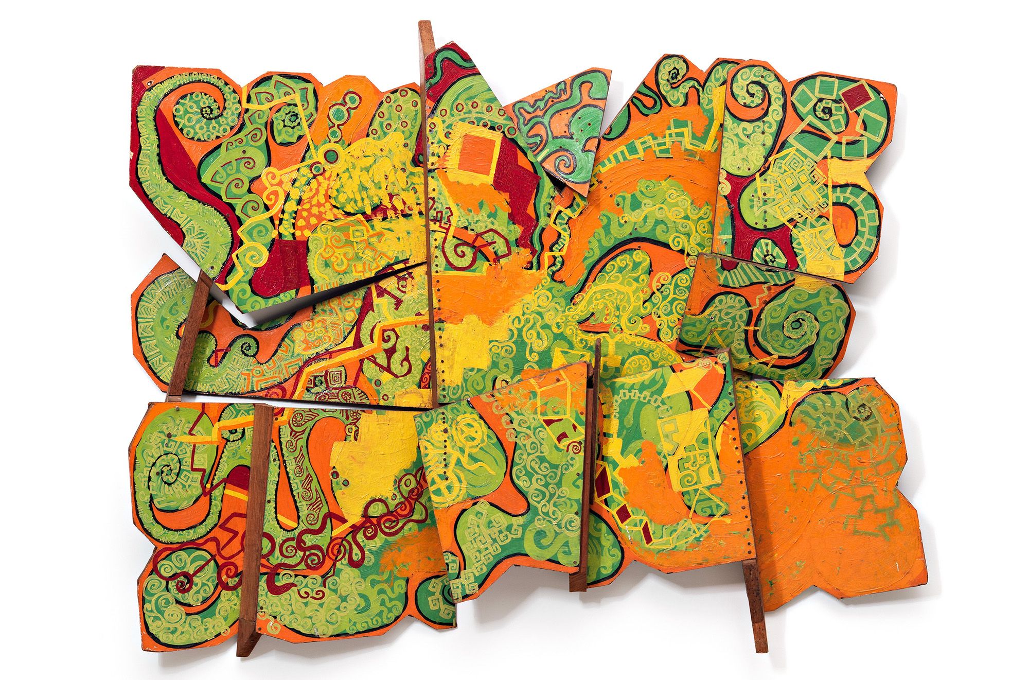 Vivienne Binns, Australia 1940–2026 / Orange flam 1967 / Oil on composition board / 70 x 92 x 10cm (irreg.) / Purchased 2007 with funds from the Bequest of Grace Davies and Nell Davies through the QAG Foundation / Collection: Queensland Art Gallery | Gallery of Modern Art / © Vivienne Binns/Copyright Agency
