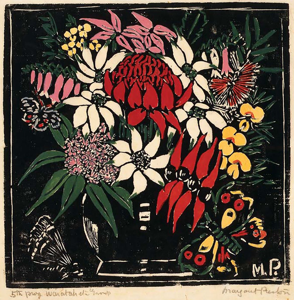 Margaret Preston, Australia 1875-1963 / Waratah group 1925 / Woodcut, hand-coloured on thin laid Oriental paper / 24.6 x 24.7cm (comp.) / Gift of the Half Dozen Group of Artists 1942 / Collection: Queensland Art Gallery | Gallery of Modern Art / © Margaret Preston /Copyright Agency