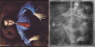 Radiographic image of William Dobell’s The Cypriot 1940 showing abandoned underpainting of Boy lounging and his gouache on cardboard Study for ‘Boy lounging’ 1937 from The Art Gallery of New South Wales collection
