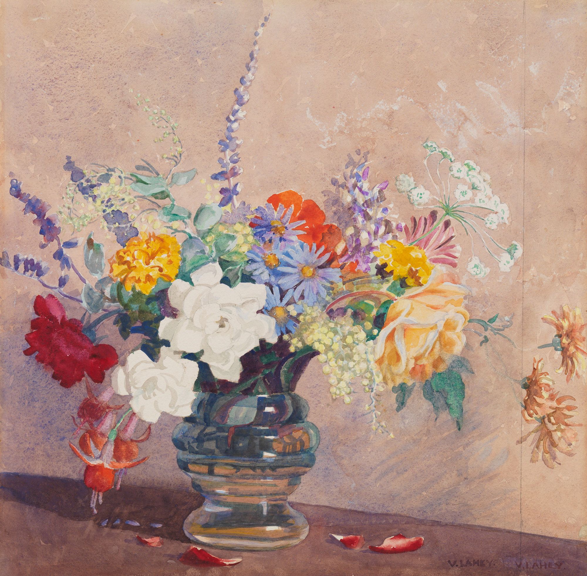 Vida Lahey, Queensland Australia 1882–1968 / A mixed bunch c.1936-37 / Watercolour on cream wove paper / 40 x 40.2cm / Gift of Miss Maria Theresa Treweeke 1937 / Collection: Queensland Art Gallery | Gallery of Modern Art / © QAGOMA