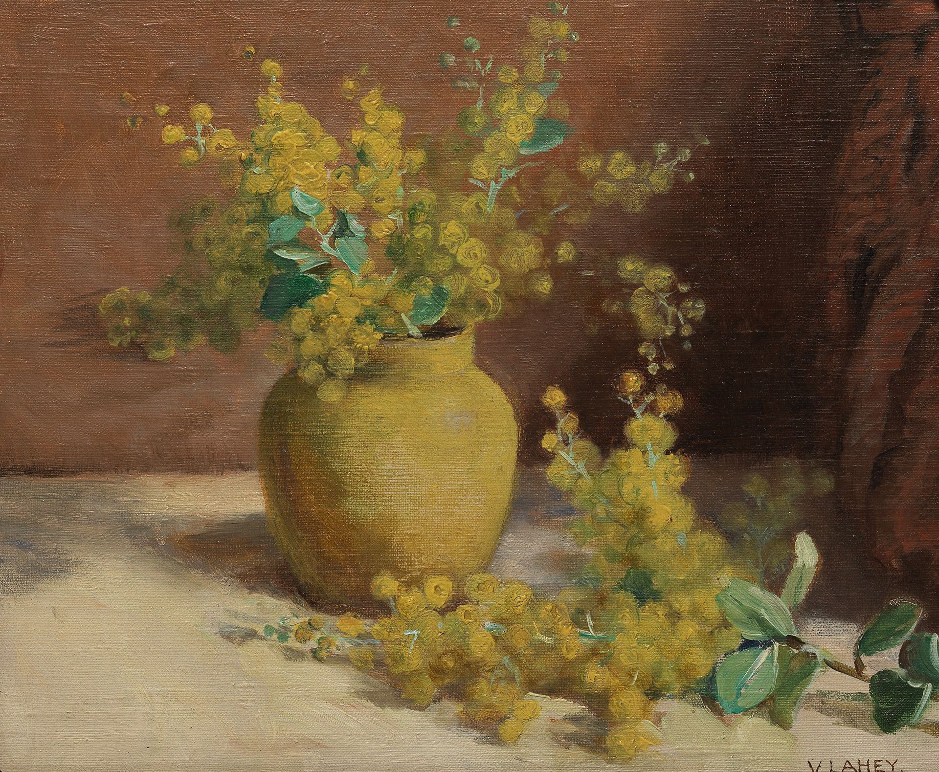 Vida Lahey, Australia 1882-1968 / Wattle in a yellow vase (detail) c.1912-15 / Oil on canvas on plywood / 24 x 29cm / Gift of the Estate of Shirley Lahey through the Queensland Art Gallery Foundation 2012 / Collection: Queensland Art Gallery | Gallery of Modern Art / © QAGOMA