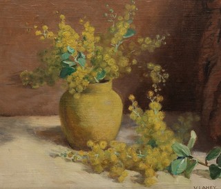 Vida Lahey, Australia 1882-1968 / Wattle in a yellow vase (detail) c.1912-15 / Oil on canvas on plywood / 24 x 29cm / Gift of the Estate of Shirley Lahey through the Queensland Art Gallery Foundation 2012 / Collection: Queensland Art Gallery | Gallery of Modern Art / © QAGOMA