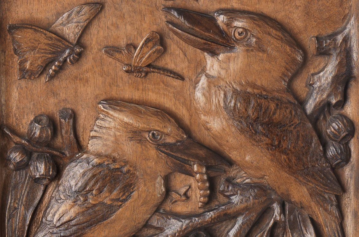 LJ Harvey, Australia 1871-1949 / (Screen with kookaburras and landscape) (detail) 1931 / Carved Queensland beech panel with supports in silky oak / 108.5 x 42.8 x 30.5cm / Purchased 1988 with the assistance of the Reverends David and Bruce Noble / Collection: Queensland Art Gallery | Gallery of Modern Art