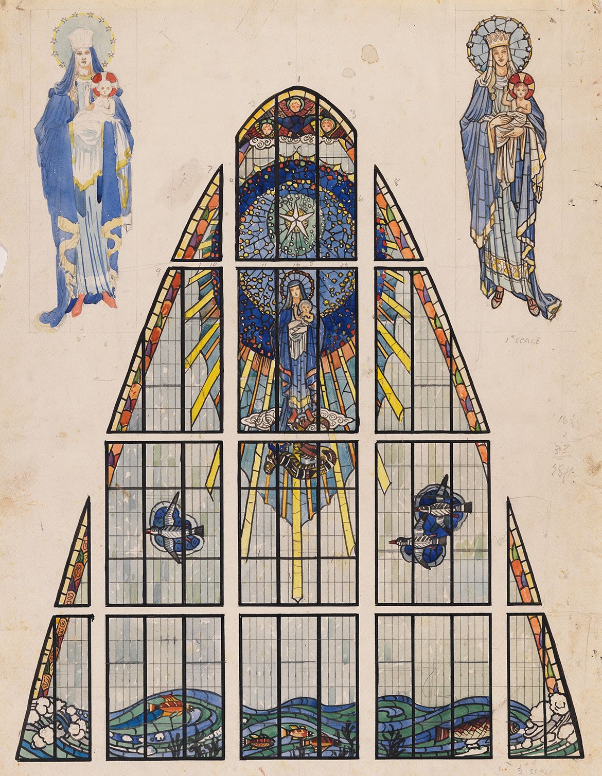 William Bustard, Australia 1894 -1973 / Design for Star of the Sea window, Darwin War Memorial Church (St Mary) c.1943-60 / Watercolour and gouache over pencil with pencil grid on wove paper / 53.3 x 38.7cm / Purchased 1973 / Collection: Queensland Art Gallery | Gallery of Modern Art / © William Bustard Estate