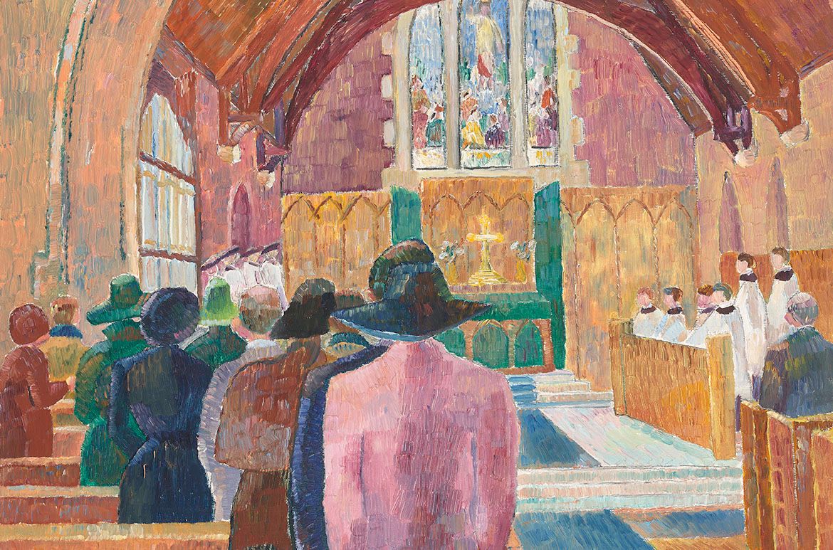 SMITH, Grace Cossington
Australia b.1892 d.1984
Church interior
c.1941-42 (inscr. 1937)
Oil with pencil
on pulpboard
55.2 x 42.2cm
Acc. 2001.099
Purchased 2001 with funds raised through The Grace Cossington Smith Queensland Art Gallery Foundation Appeal