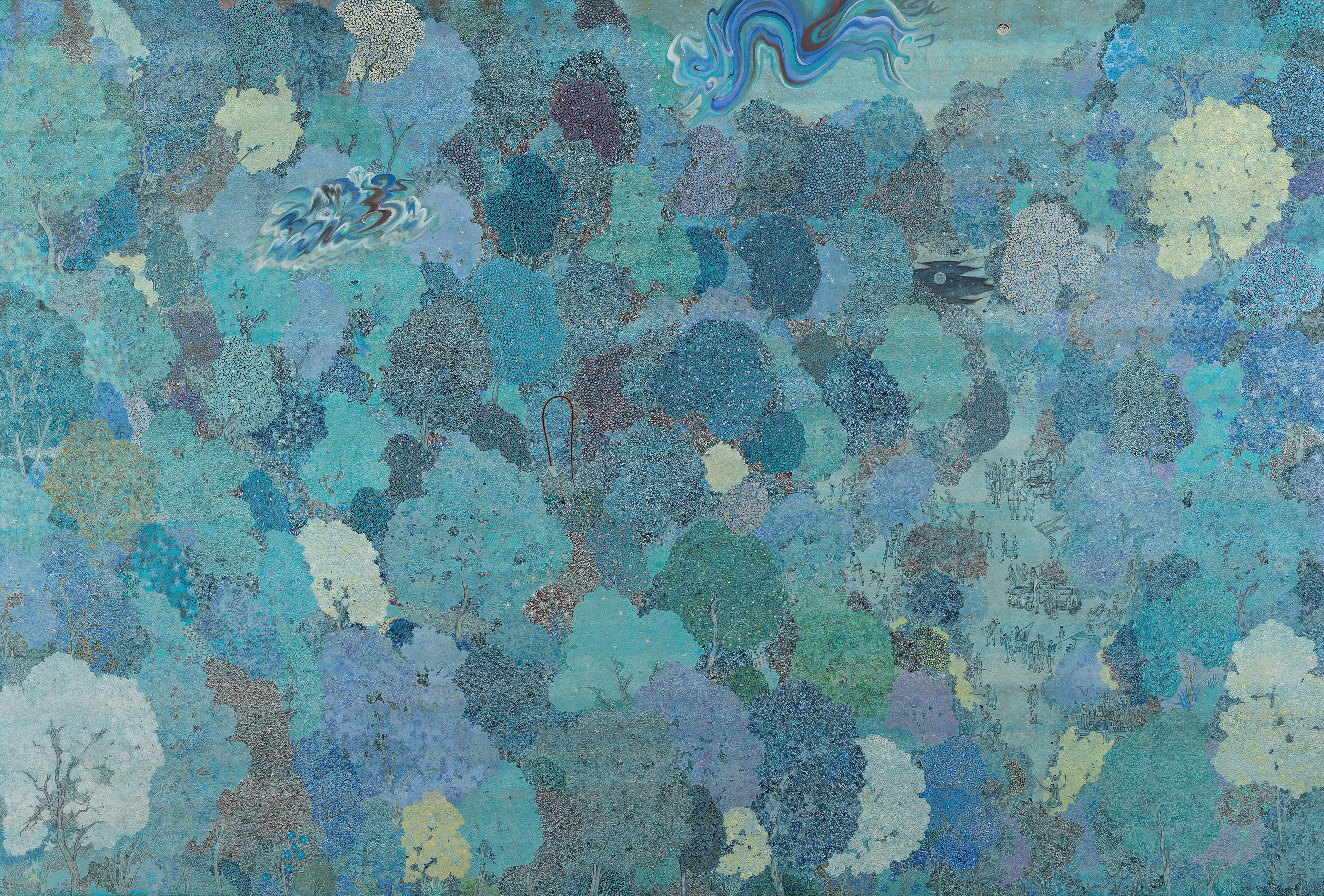 Varunika Saraf / Hyderabad, India, b.1981 / Thieves in the forest 2024 / Watercolour on wasli backed with cotton textile / 183cm x 275cm / The Kenneth and Yasuko Myer Collection of Contemporary Asian Art. Purchased 2024 with funds from Michael Sidney Myer through the Queensland Art Gallery | Gallery of Modern Art Foundation / Courtesy: The artist / © Varunika SARAF / Photograph: / Image courtesy: The artist