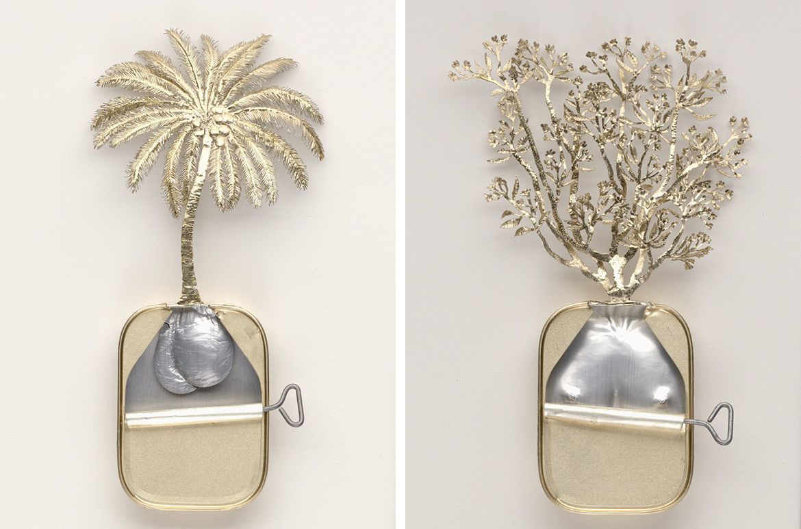 Fiona Hall, Australia b.1953 / Works from Sri Lankan set: Kehel (Sinhala), vala (Tamil); Banana; Musa sapientum / Sri Lankan set: Pol (Sinhala), thennai (Tamil); Coconut palm; Cocos nucifera / Sri Lankan set: Nelum (Sinhala), thamarei (Tamil); Lotus; Nelumbo nucifera / Sri Lankan set: Araliya (Sinhala), malliya poo (Tamil); Temple tree, frangipani; Plumeria actifolia (from ‘Paradisus Terrestris’ series) 1999 / Aluminium and tin / Eight pieces: 28x 18 x 4cm (each, approx.) Purchased 2021. The Josephine Ulrick and Win Schubert Charitable Trust / Collection: The Josephine Ulrick and Win Schubert Charitable Trust, Queensland Art Gallery | Gallery of Modern Art / © Fiona Hall