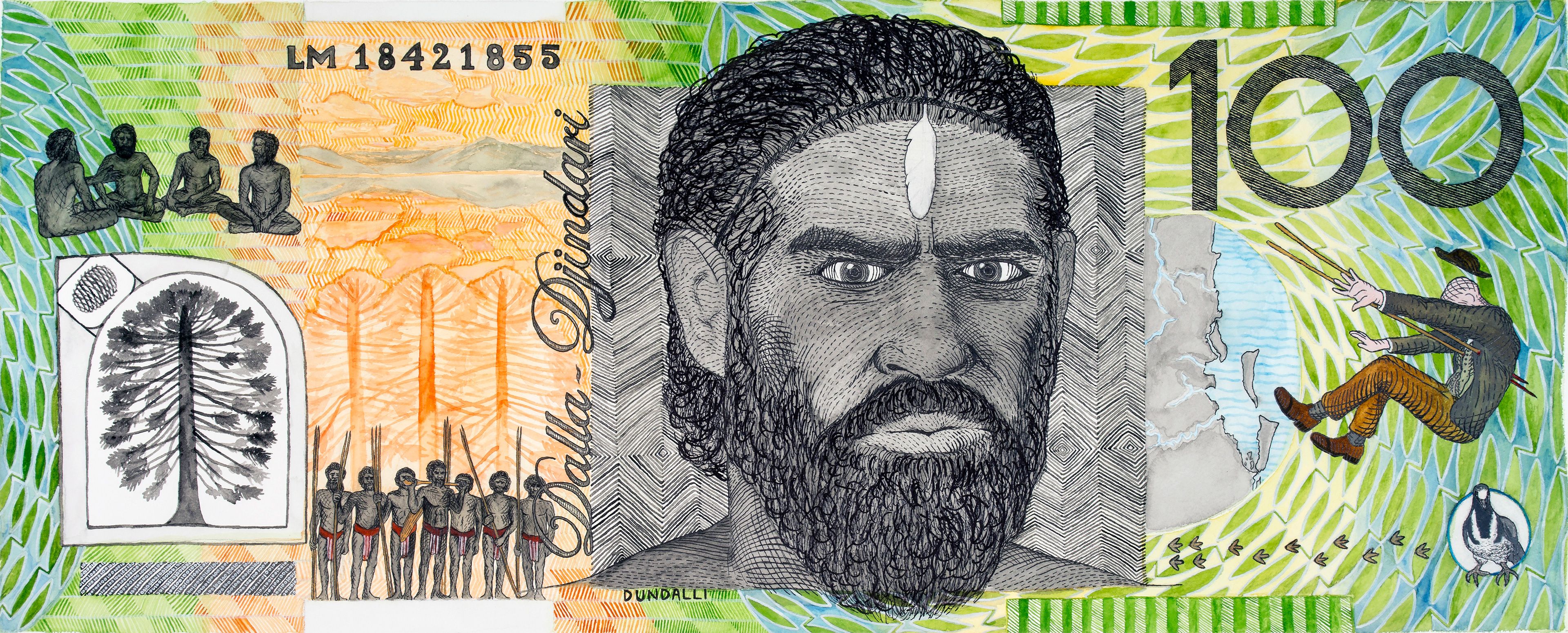 Ryan Presley, Marri Ngarr people, Australia b.1987 / Blood Money–One Hundred Dollar Note–Dundalli Commemorative (detail) 2010 / Watercolour on paper / Dimensions variable / Image courtesy: Ryan Presley and Milani Gallery, Brisbane / Photography: Carl Warner