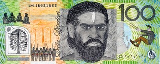 Ryan Presley, Marri Ngarr people, Australia b.1987 / Blood Money–One Hundred Dollar Note–Dundalli Commemorative (detail) 2010 / Watercolour on paper / Dimensions variable / Image courtesy: Ryan Presley and Milani Gallery, Brisbane / Photography: Carl Warner