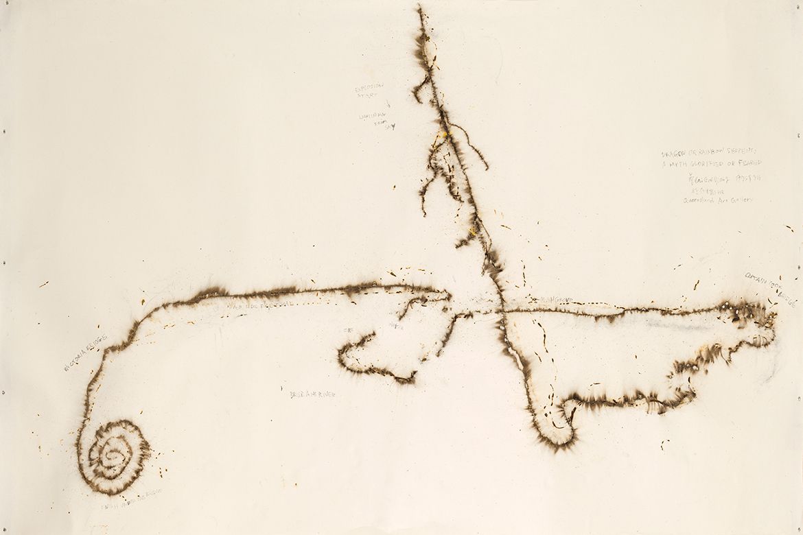 Cai Guo-Qiang, China b.1957 / Explosion Process Drawing for Dragon or Rainbow Serpent: A Myth Glorified or Feared: Project for Extraterrestrials No. 28 1996 / Spent gunpowder on paper / 200 x 300cm / Gift of the artist 1996 / Collection: Queensland Art Gallery | Gallery of Modern Art / © Cai Guo-Qiang