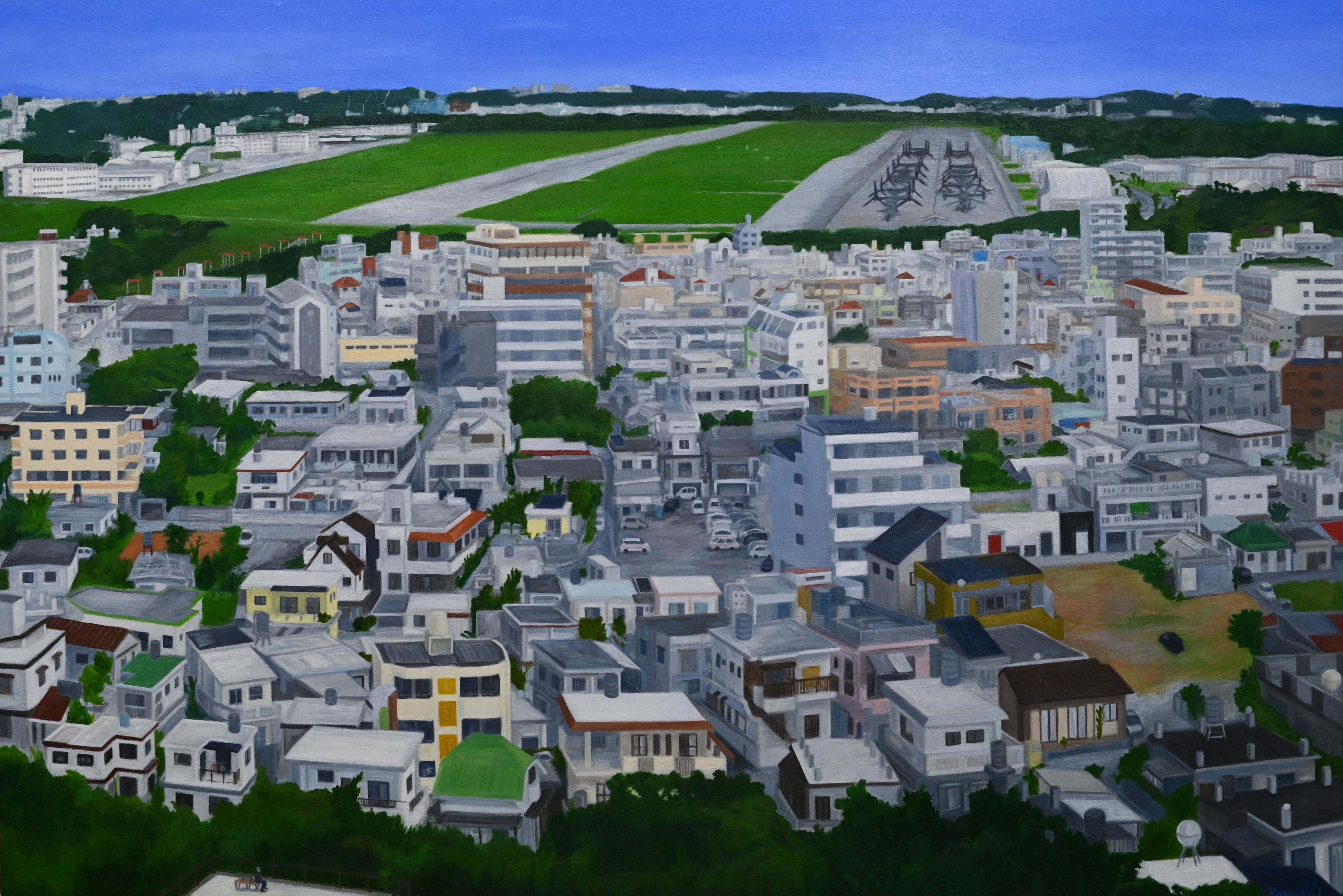 Katsuko Ishigaki / Okinawa, Japan b.1967 / View from Kakazutakadai Park VI 2024 / Oil on canvas / 130.3 x 194cm / Commissioned for APT11 / The Kenneth and Yasuko Myer Collection of Contemporary Asian Art. Purchased 2024 with funds from Michael Sidney Myer through the Queensland Art Gallery | Gallery of Modern Art Foundation / Collection: Queensland Art Gallery | Gallery of Modern Art / Image courtesy: The artist / Photograph: Ishigaki Henoko