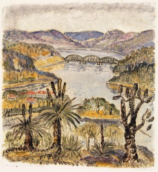 Margaret Preston, Australia 1875-1963 / Hawkesbury Bridge, NSW 1946 / Monotype on thin laid Oriental paper / 37.5 x 35cm (comp.) / Purchased 1948 / Collection: Queensland Art Gallery | Gallery of Modern Art / © Margaret Preston/Copyright Agency