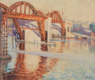 Vida Lahey, Australia 1882–1968 / Building the bridge 1931 / Watercolour and gouache over pencil on wove paper on cardboard / 24.5 x 28.5cm / Gift from the estate of Mrs Gladys Powell 1941 / Collection: Queensland Art Gallery | Gallery of Modern Art / © QAGOMA