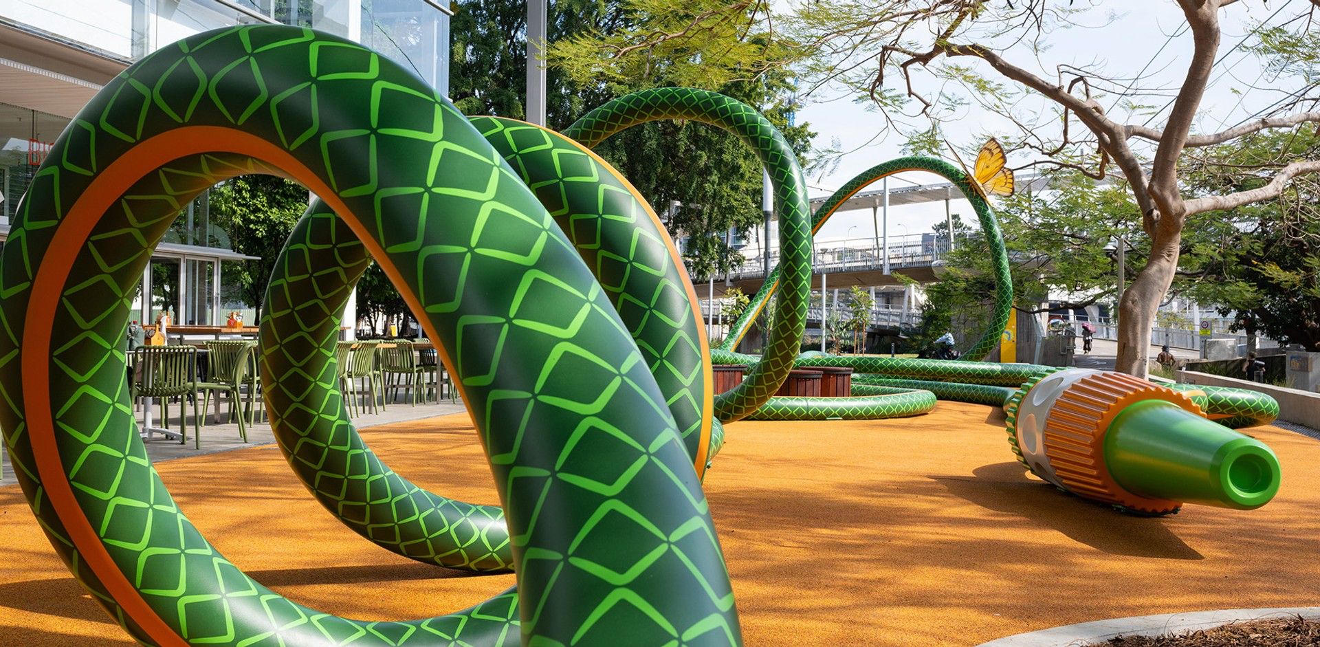 Tony Albert, Girramay/Yidinyji/Kuku Yalanji peoples, Australia b.1981 / Nell, Australia b.1975 / The Big Hose (detail) 2022–25 / Aluminium, reclaimed hardwood, paint, rubber / Commissioned 2022. This project has been realised with generous support from Andrew and Dr Susan King, the Neilson Foundation, Margaret Mittelheuser AM and Cathryn Mittelheuser AM, Gina Fairfax AC, Dr Shirley Hsieh, and the 2022 QAGOMA Foundation Appeal / Collection: Queensland Art Gallery | Gallery of Modern Art / © Tony Albert and Nell / Photograph: N Umek © QAGOMA