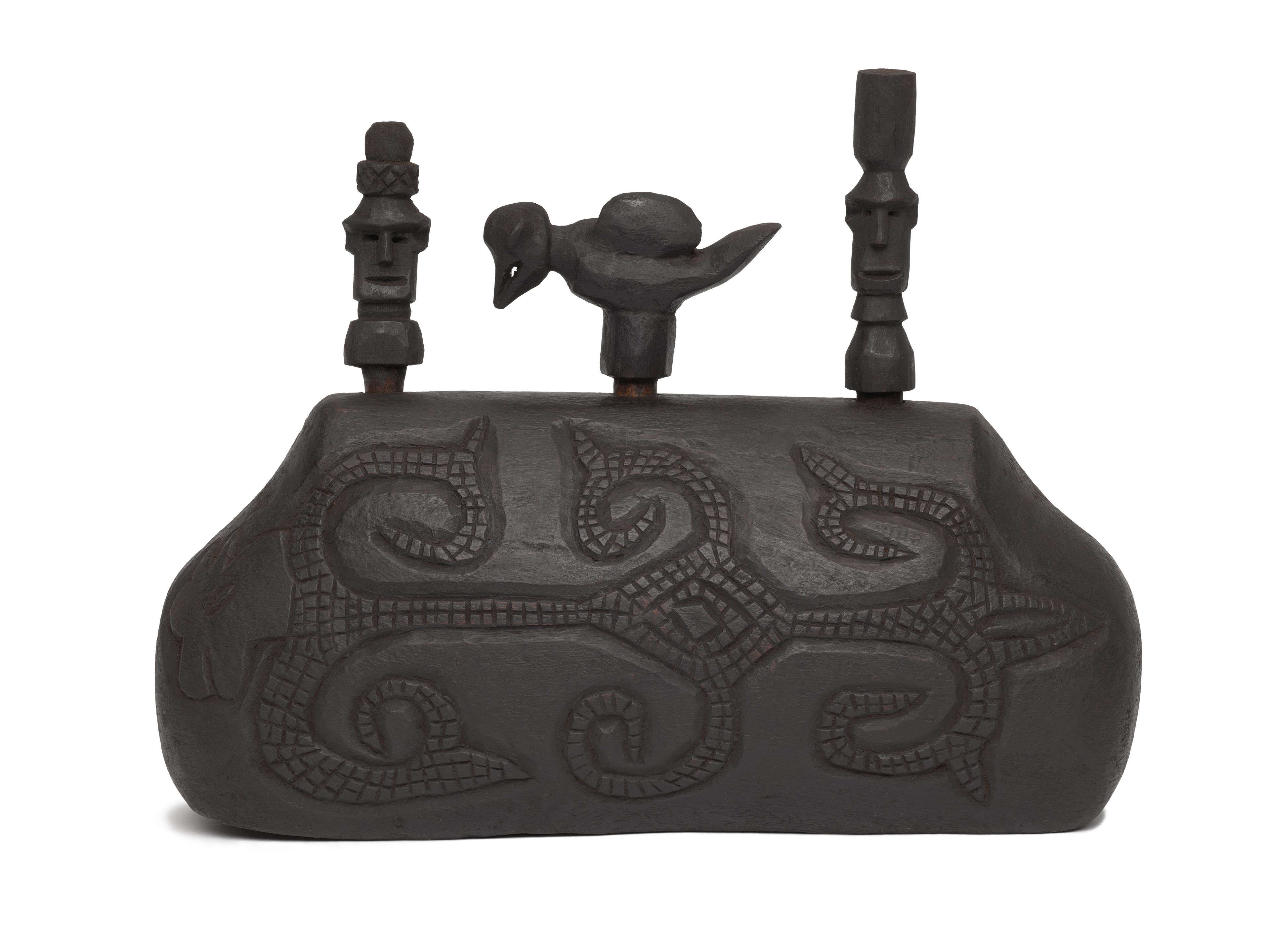 Mariano Lafu / Melbana people, Baikenu language group / Timor-Leste b.1948 / Uma kakulun (Roof carving) 2024 / Ai Teka (teak wood), finished with traditional black painting / 10 x 35.5 cm / Commissioned for APT11 / Purchased 2024 with funds from Ashby Utting Foundation through the Queensland Art Gallery | Gallery of Modern Art Foundation | Gallery of Modern Art Foundation / Collection: QAGOMA / Photograph: C Callistemon, QAGOMA