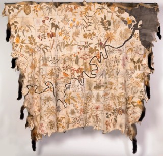 Carol McGregor, Wathaurung people, Australia b.1961 / Skin Country 2018 / Ochre, charcoal, wax thread and pyroincisionon Eastern grey possum skins / 266 x 282cm (irreg.) / Purchased 2020 with funds from Constantine Carides and Elene Carides in memory of their parents Kiryacos and Mary Carides through the QAGOMA Foundation / Collection: Queensland Art Gallery | Gallery of Modern Art / © Carol McGregor