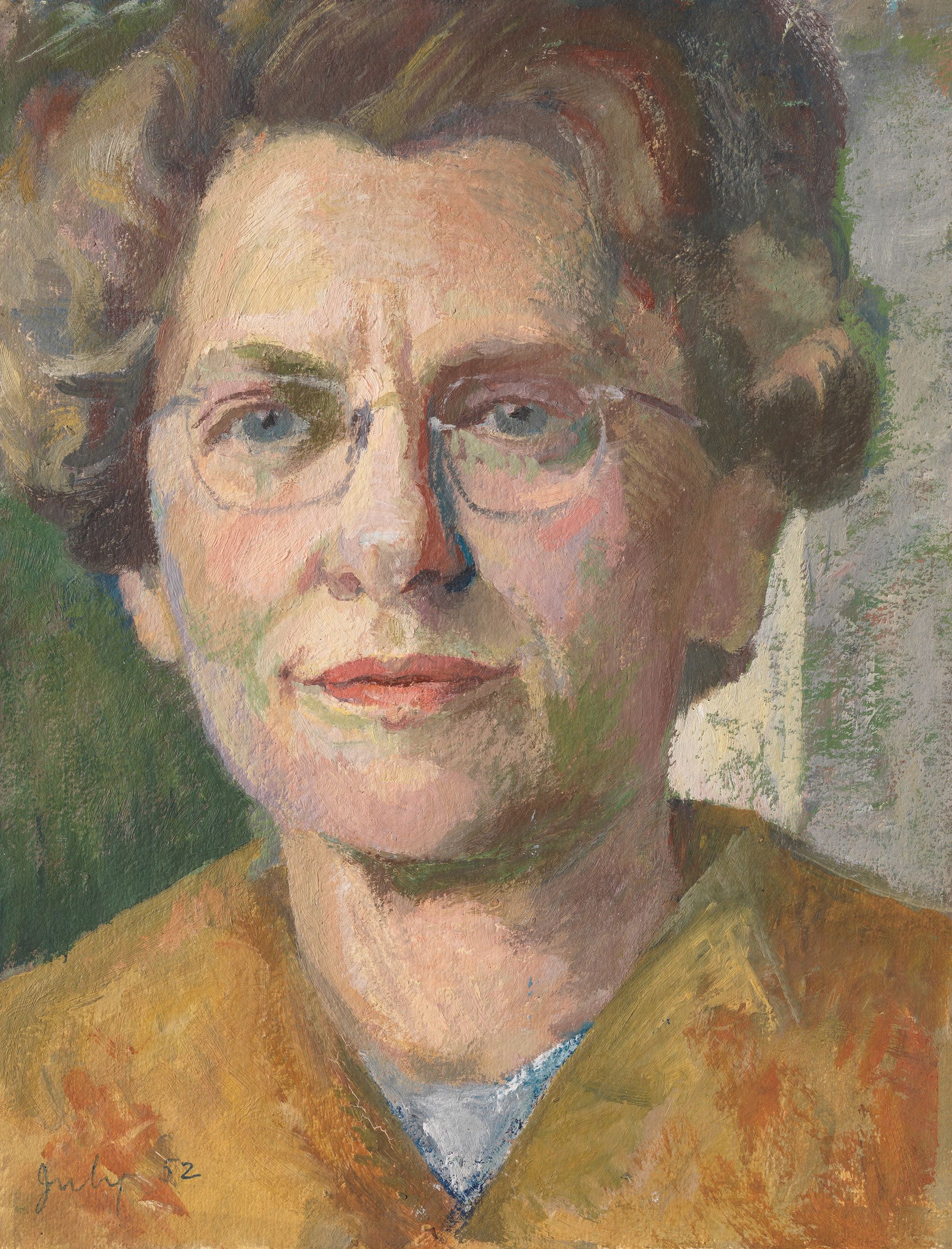 Daphne Mayo, Australia 1895–1982 / Self portrait 1952 / Oil on paper / 33.2 x 25.8cm / Gift of Miss Veronica Russell 1992 / Collection: Queensland Art Gallery | Gallery of Modern Art / © Surf Lifesaving Foundation and The United Church in Australia Property Trust (Q.)