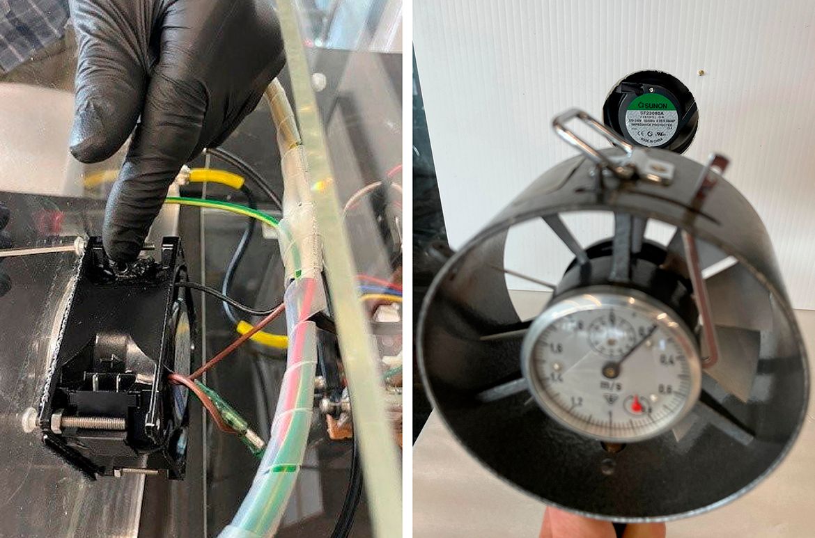 (L) Updating fans (R) Aneometer test to measure fan airflow
