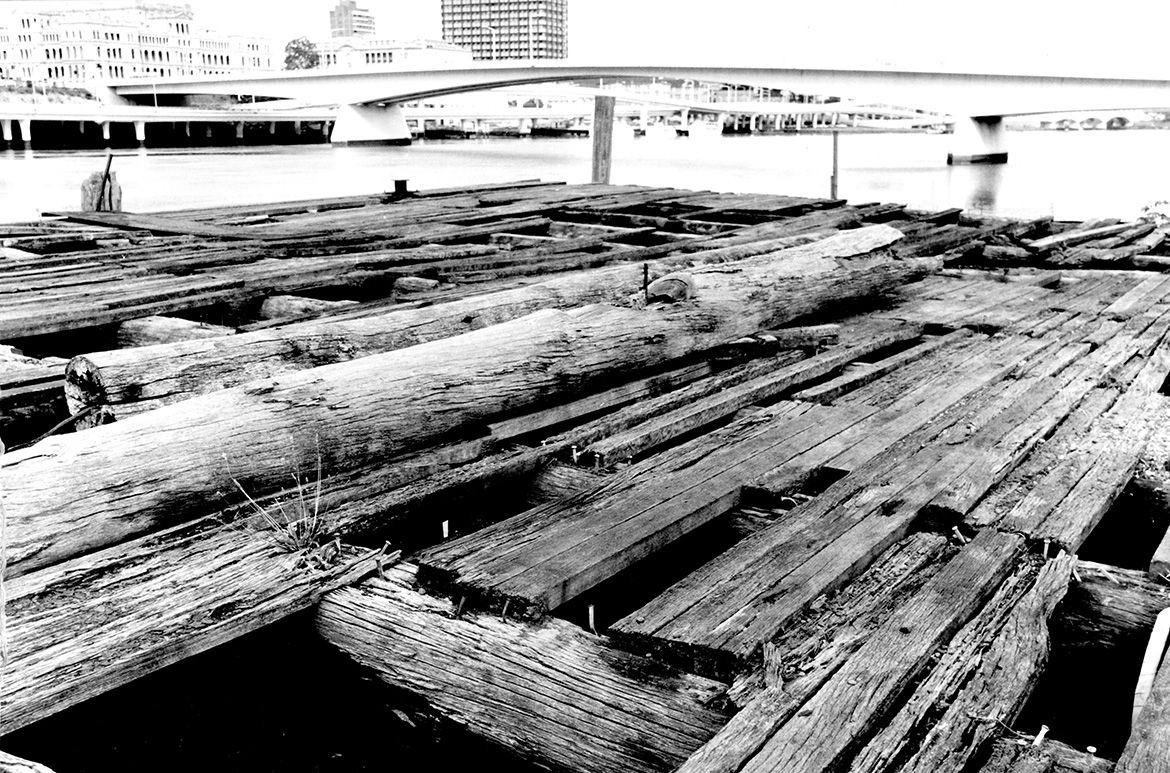 Removal of the old wharf structures along the Brisbane River / Collection: QAGOMA Research Library