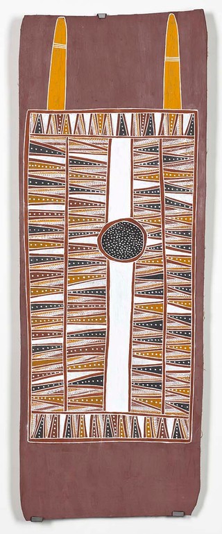 BULUNBULUN, John Australia b.1946 Body design – wind 2002 Natural pigments on bark 96.5 x 36cm (irreg.) Acc. 2003.147 Purchased 2003. Queensland Art Gallery Foundation
