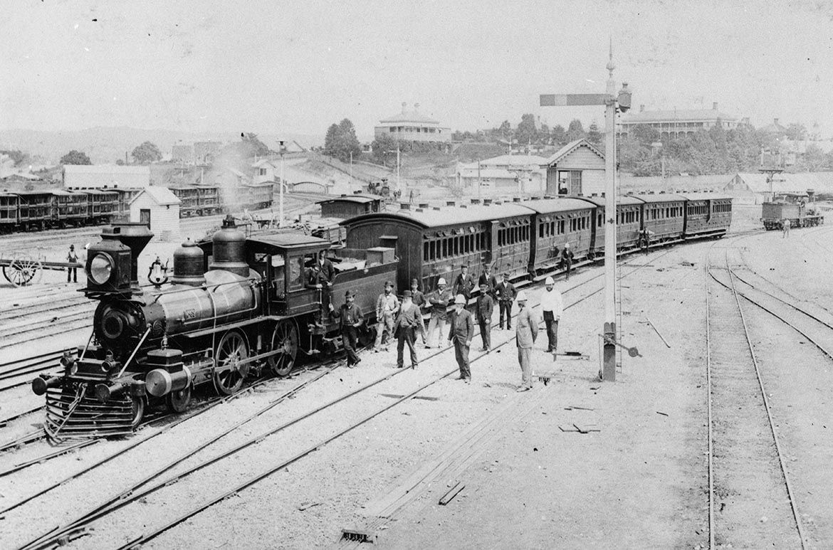 Steam train at Roma Street Station, Brisbane c.1880-90 / 183736 / Courtesy: John Oxley Library, State Library of Queensland, Brisbane