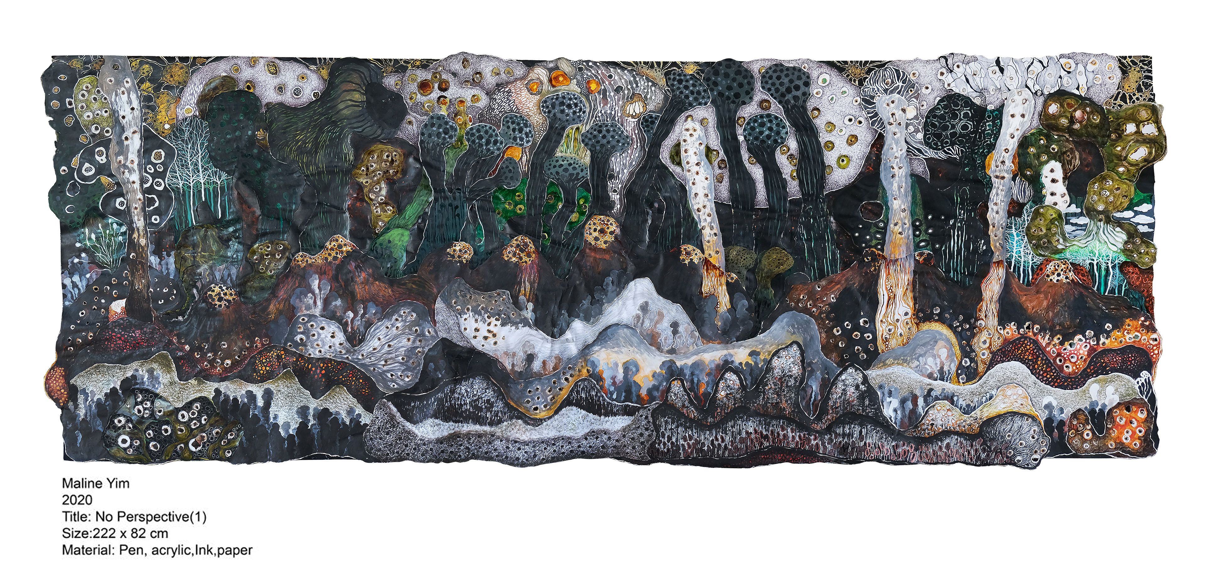 Yim Maline / Battambang, Cambodia, b.1982 / No Perspective 1 2020 / Pen, acrylic, ink on paper / 82 x 222cm / Courtesy: The artist / © Yim Maline / Photograph: / Image courtesy: The artist